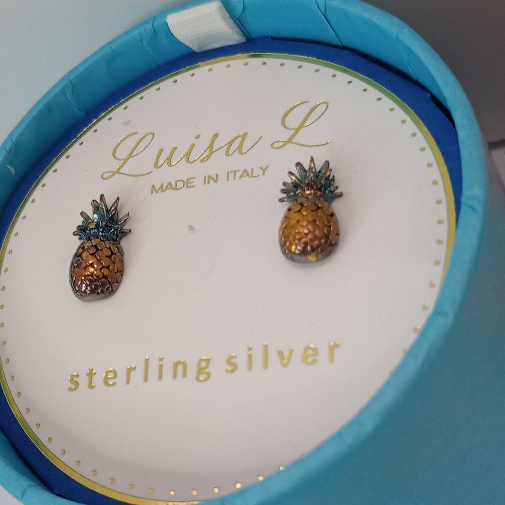 Luisa L Sterling Silver Pineapple Stud Earrings .925 Italy Enamel 13mm Boxed‎ - Picture 7 of 13